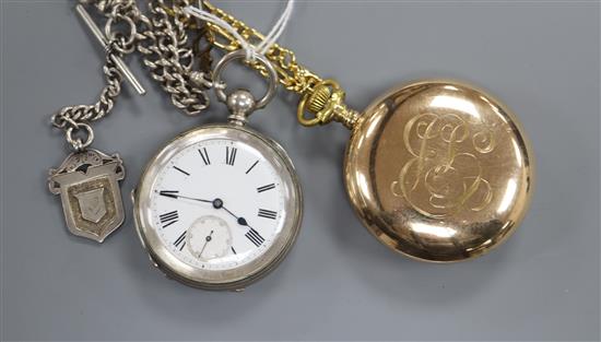 A Waltham gold plated pocket watch and a white metal pocket watch with silver albert.